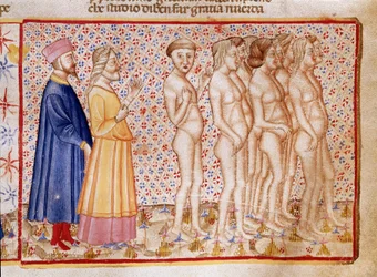 Kruh násilí vůči Bohu, přírodě a umění: Dante a Virgil se setkávají s rouhači. Osvětlená stránka ilustrující píseň Pekla čerpá z „Divina Commedia“ od Dante Alighieriho (1265-1321). 14. století, Benátky, Biblioteca Marciana