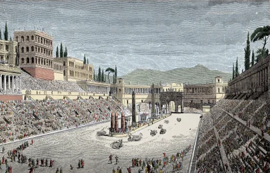 Circus Maximus - Velký cirkus nebo cirkus Maxime, v Římě, se závodem vozů - barevná rytina