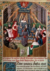 Claude de Seyssel (zemřel 1520) nabízí svou knihu králi Ludvíku XII. (1462-1515) Miniatura z díla Clauda de Seyssela „La Grande Monarchy de France“
