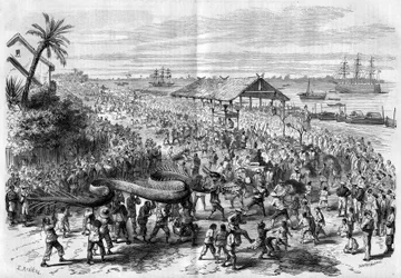 Cochinchine: každoroční dračí procesí organizované kongregací v Saigonu v roce 1865.