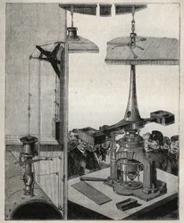 Mince: Parní bilance londýnské mincovny. Rytina z roku 1885 v „“Les arts et metiers illustres““ od Adolphe BITARDA.