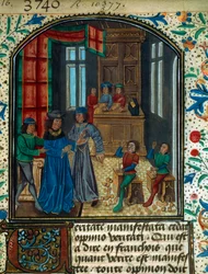 Ražba mincí ve středověku. Miniatura z návrhu Nicolase Oresmeho (1320-1382). 15. století B.N. Paříž