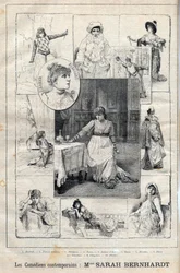 Herečka Sarah Bernhardtová (1844-1923) v Macbethovi - Pierrot assassin - Theodora - Tosca - Johanka z Arku - Tosca - Hernam - Dáma s kaméliemi - Cleopatra - Phedron - rytina v „The Illustrious Progress“ z roku 1895