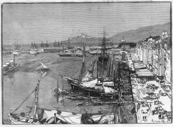 Komerční loď a arzenál v přístavu Toulon (Var), Francie. Gravírování v „“Le Monde Illustré““