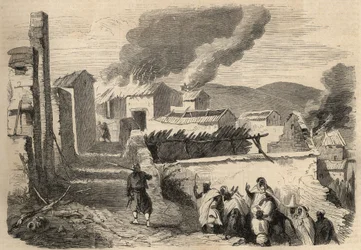 Dobytí Alžírska: výprava do Velké Kabylie v roce 1857. Podrobení Beni Yenni podle kresby pana Amellera, velitele praporu u 1. pluku zuávů. Rytina v časopise „Le Monde illustré“ z roku 1857. Soukromá sbírka.