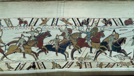 Dobytí Anglie vévodou z Normandie Williamem Dobyvatelem (1027-1087) v roce 1066: Normanská kavalérie útočící na bitvu u Hastingsu Detail tapiserie z Bayeux nebo výšivky královny Mathildy