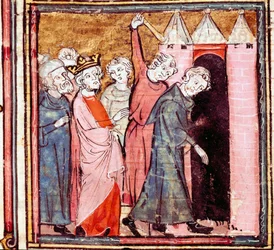 Spiknutí proti Ludvíku Pobožnému (778-840), císaři Západu, jeho syn Lothaire na něj uvalil veřejné pokání v klášteře Saint Medard de Soissons v roce 833 Miniatura převzata z „“Grandes Chronicles de France““ 1375-1379 Městská knihovna , Cas