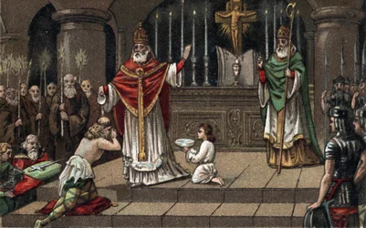 Konverze Widukind nebo Witikind před Karlem Velikým v roce 785. Chromolitografie konce 19. století.