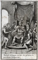 Korunovace Michaela II. Amorijského (Koktavého) (770-829) byzantským císařem po jeho propuštění z vězení v roce 820. Je zakladatelem amorijské dynastie. V „Krásách dějin pozdní říše“, sestavil P. J. B. N. 1814.