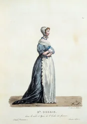 Kostým slečny Debrie v roli „Škola žen“ Agnes z Molière z roku 1680. Kostým francouzské komedie od Hippolyta Lecomta (1781-1857). Rytina 19. století. Coll. Pojďme.
