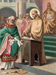 Remešský koncil v roce 1148: Svatý Bernard z Clairvaux (1090-1153) (San Bernardo di Chiaravalle) obvinil Gilberta de la Porree, předchůdce z Poitiers, z kacířství - Chromolitografie konce 19. století
