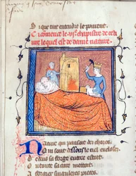 ""Pár se objímá v posteli, královna zabije nemluvně a další postava podpálí dům"" Iluminovaná stránka z rukopisu ""Le Roman de la Rose"" od Guillaume de Lorris (asi 1200-1238) a Jean de Meun (Meung) (1240-1305) kolem roku 1365 univerzita