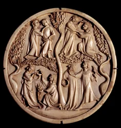Zdvořilé milostné scény. Slonovinové ventily zrcátka. Počátek 14. stol. Ztlumit. 11 cm. Paříž, muzeum Louvre