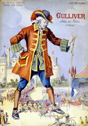 Obálka „Gulliver v trpaslících (Lilliputiens)“. ilustrace 19. století.