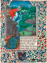 Stvoření, sedmý den: Stvořitel letí nad svým dílem. Krajina se zvířaty. Miniatura z Knihy hodin hraběnky z Bretiandos