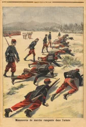 Plíživé vycházkové manévry v armádě, experimentování s novými tampónovými náramky, které chrání dlaň. Rytina v „“ Le petit journal“ 16.8.1896. Selva sbírka.