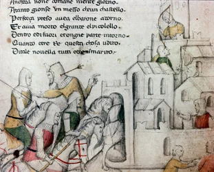 Křižáci útočící na maurskou pevnost. Ilustrace k toskánské básni „Febusso e Breusso“. Rukopis MS.B.R.45. 15. století. Florencie, Biblioteca Nazionale