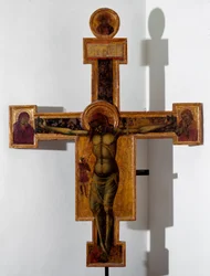Ukřižování „“INRI““ na kříži. Anonymní malba na dřevo. 15. století Savona, Pinacoteca Civica