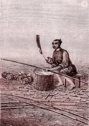 Řezání malých kousků bambusu, výroba papíru v Číně (3. století př. n. l.) (rytina)