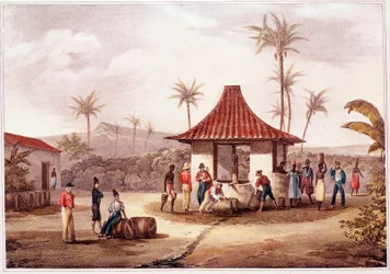 Každodenní život na Kapverdách (Cape Verde) Obyvatelé vesnice přecházející u fontány. Litografie 19. století. Lisabonský historický archiv Zámoří