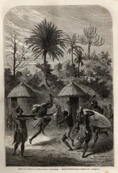 Tanec Landines nebo Zulu caffres v Shoupanga (pravý břeh řeky Zambeze). Rytina k ilustraci prvních plaveb Dr. Livingstonea do jižní Afriky v letech 1840 až 1856 v „Le tour du monde, nouveau journal des voyages““ publikovaném pod dire