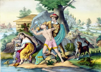 Daniel Boone chrání svou rodinu: Daniel Bonne, americký průkopník (1734 - 1820) zabíjí indiána, který zaútočí na jeho rodinu sekerou. Rytina 19. století.