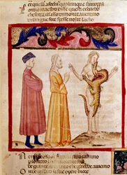 Dante a Virgil potkají duši hříšníka odsouzeného k sežrání drakem. Osvětlená stránka ilustrující píseň Pekla čerpá z „Divina Commedia“ od Dante Alighieriho (1265-1321). 14. století, Benátky, Biblioteca Marciana