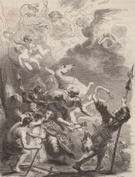 Smrt svatého Lievina Velikého (Livin, nebo Lebwin, nebo Livinus) jako evangelista z Flander, mučednická smrt v roce 657/663. Rytina z roku 1868 v „Histoire de Belgique od primitivních dob do konce vlády Leopolda I.““ od Theodora Justeho (1818-1888). soukro