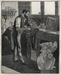 Dekorace stříbra: bronzový sekáč. Rytina z roku 1885 v „“Les arts et metiers illustres““ od Adolphe BITARDA.