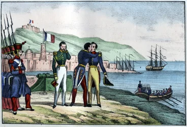 Odjezd Louise Augusta, hraběte z Bourmontu (Maréchal de Bourmont) (1773-1846) z Alžírska v roce 1830. v „L’Algerie vieille et moderne“““ od Léona Galiberta. Italské vydání v barvě 1846.