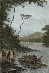 Sestup Amazonky (1743-1744) - Začátek voru od Charlese Marie de La Condamine (1701-1774), rytina -