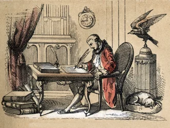 Popis různých produktů a použití papíru: portrét Georgese Louise Leclerca, hraběte z Buffonu, přírodovědce a spisovatele (1707-1788) píšícího svou Přírodopis. Talíř „“ Le papier et ses produits““ v „“ les Recreations instructives““ Synoptique pai