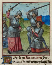 Detail miniatury Peura bojujícího, zatímco se Honte dívá, z „Le Roman de la Rose“