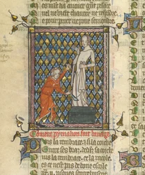 Detail miniatury Pygmaliona před sochou, z „Le Roman de la Rose“, kolem 1380 (miniatura)