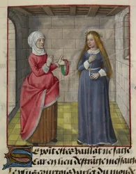 Yksityiskohta pienoiskoosta la Vieillestä (Duenna) ja Bel Accueilista (Fair Welcome), Le Roman de la Rosesta