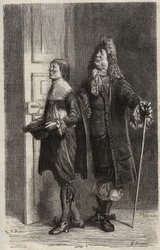 Diafoirus pere et fils - rytina pro „“The Imaginary Malad”” od Jean Baptiste Poquelin dit Moliere (1622-1673) (The Imaginary Invalid)
