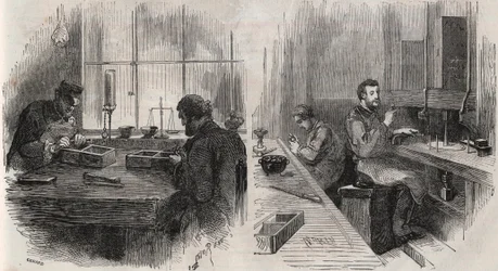 Řezání diamantů v dílně v Nizozemsku: štípačky a leštičky - Gravírování v “” Le Monde Illustré””