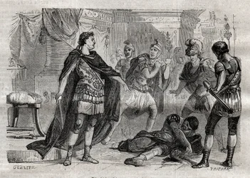 Diocletianus (Caius Aurelius Valerius Diocletianus Augustus) (244-311) umírající Lucius Flavius Aer - rytina v „“ Dictionnaire populaire llustrious“ - 1864 - Joseph December a Edmond Allonier -
