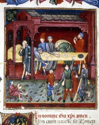 Distribuce chleba a obuvi starým a chudým. 1422.