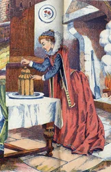 Oslí kůže vhodí prsten do dortu. Anonymní ilustrace k příběhu „Oslí kůže“ od Charlese Perraulta (1628-1703), francouzského spisovatele. Snímky Marcel Vagne, Jarville Nancy, nedatováno (konec 19. století).