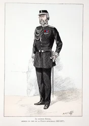 Dr. Roudil, vrchní lékař městské policie (1867-1877). Lept v barvách, pro ilustraci Kniha „Historie sboru mírotvorců“““ vydaná pod záštitou Louise Lepinea (1846-1933), prefekta policie na Seině, od A.