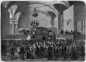 Losování dluhopisů, které mají být splaceny, patřící ke dvěma půjčkám uzavřeným městem Paříž v roce 1855 a 1866. Hotel de Ville de Paris, 2. února