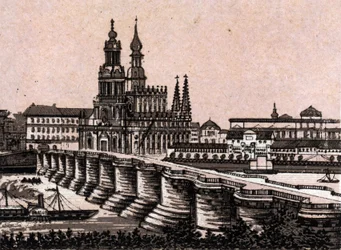 Drážďany, Německo: pohled na Augustův most v Drážďanech. v „“ Svět ilustruje 168 pohledů““ Nedatováno (konec 19. století)