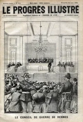 Dreyfusův případ. Proces v Rennes. Alfred Dreyfus před válečnou radou (1899). Obálka „“Le progresses de Lyon““ z 20. srpna