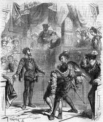Souboj s mečem Françoise de La Chataigneraie proti Guy de Jarnac; Jarnac smrtelně zranil svého protivníka řezem na jeho stopce; v roce 1547, rytina 19. stol.