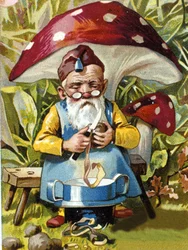 Trpasličí nebo farfadet škrabka na brambory. Chromolitografie 19. století.