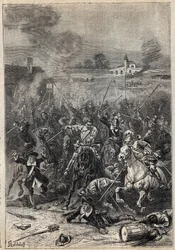 Egorgement of the Puritans - ilustrace z 19. století k historickému románu „The Puritans of Scotland“ (Old Mortality) od Waltera Scotta (1771-1832)