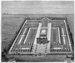Egyptská zahrada v době faraonů. Gravírování v "" Příroda: přehled věd a jejich aplikací v umění a průmyslu "" z 16. srpna 1879.