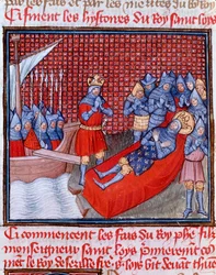 Osmá křížová výprava: “” La mort de Saint Louis au Tunis dne 25. srpna 1270”” Miniatura převzatá z “” Les grandes Chronicles de France”” od Jeana Froissarta (1337-1400) Chantilly z 15. století, Musee Conde