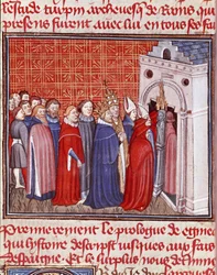 Koruny císaře Karla Velikého (742-814) vstupují do kostela následované miniaturními preláty z „“Les grandes Chronicles de France““ Chantilly z 15. století, Musee Conde